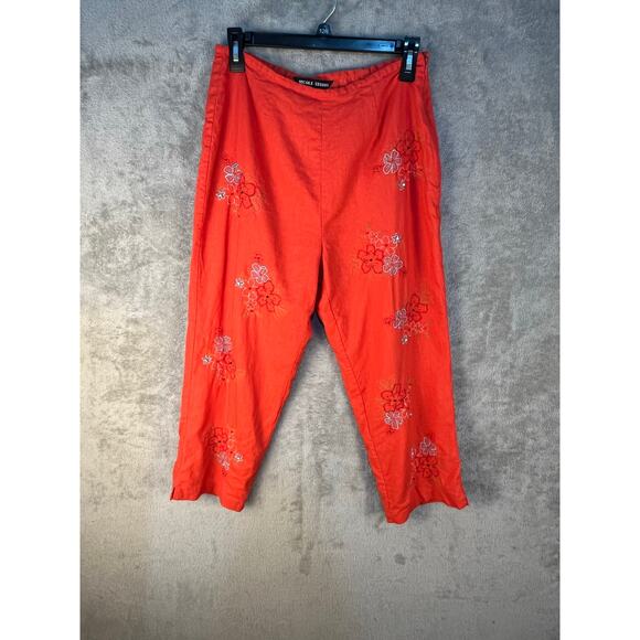 2 Piece Linen Blend Pant Set Size 10 Orange Floral Embroidered Beaded Fringe - Picture 6 of 10